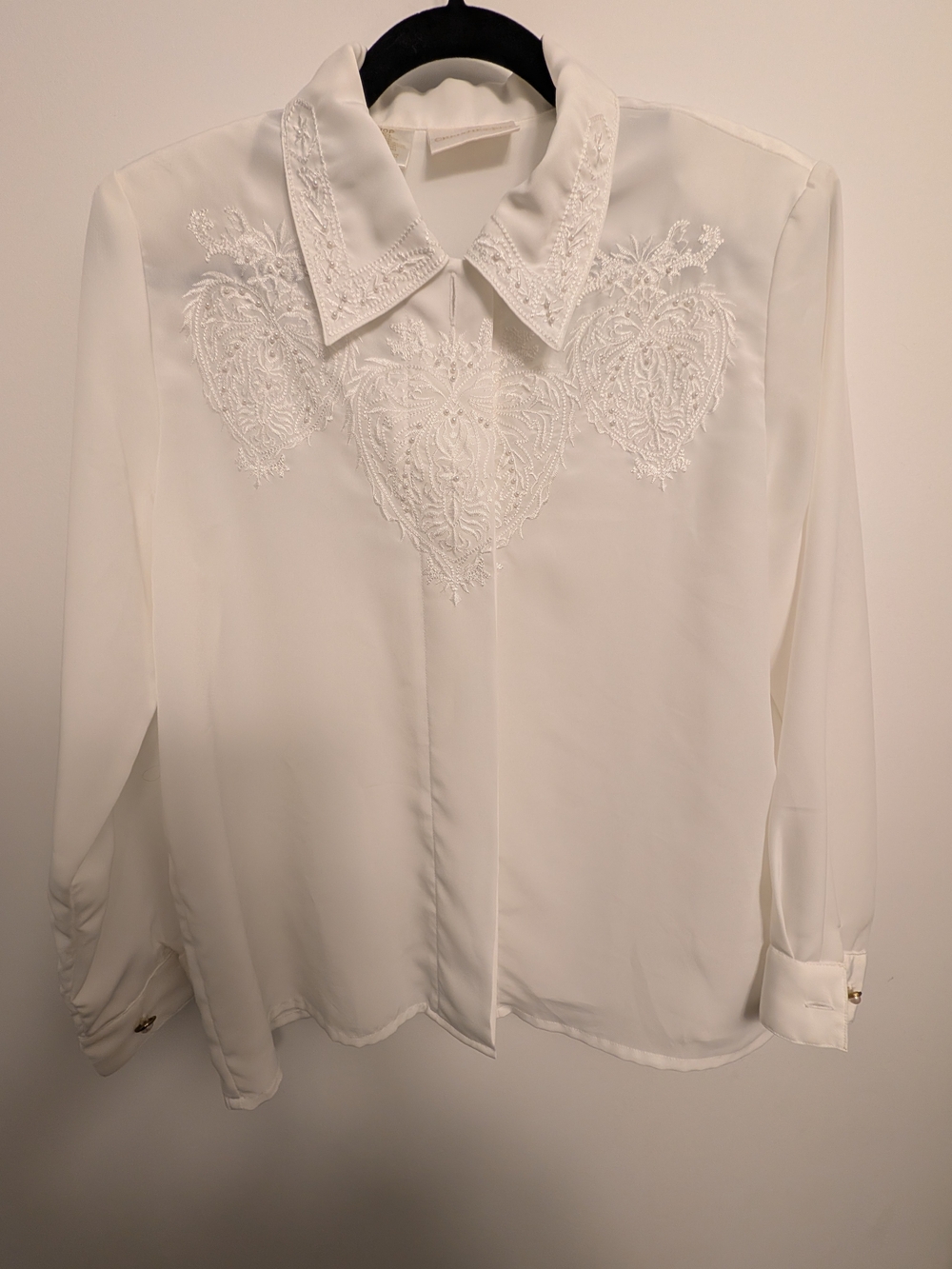 Vtg Christie & Jill Elegant White Embroidered Beaded Collared Women's Blouse 10P